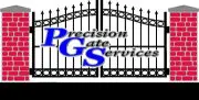 A black and white picture of a gate with the words precision gate service.