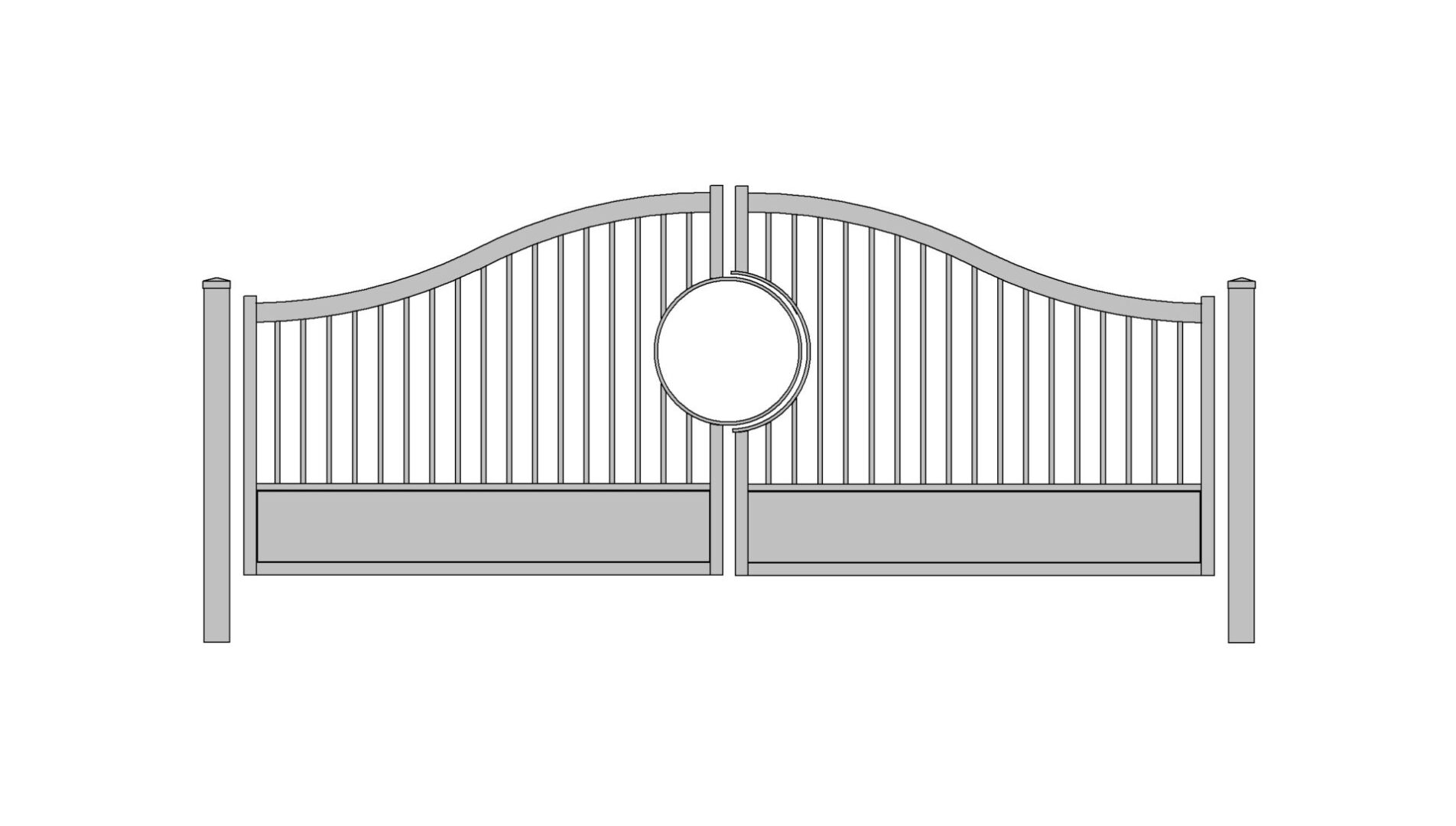 A drawing of an open gate with a circular window.
